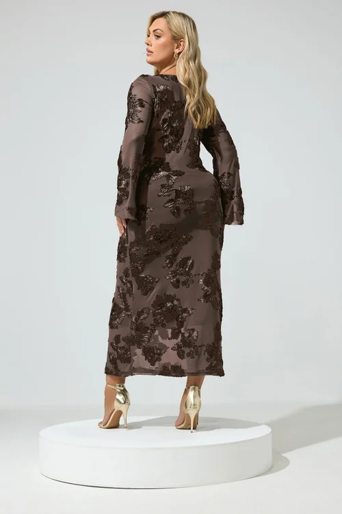 Yours London Curve Chocolate Brown Floral Applique Maxi Dress - 22 Image 3