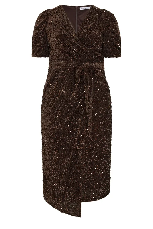 Yours London Curve Chocolate Brown Sequin Velvet Wrap Maxi Dress - 18 Image 5