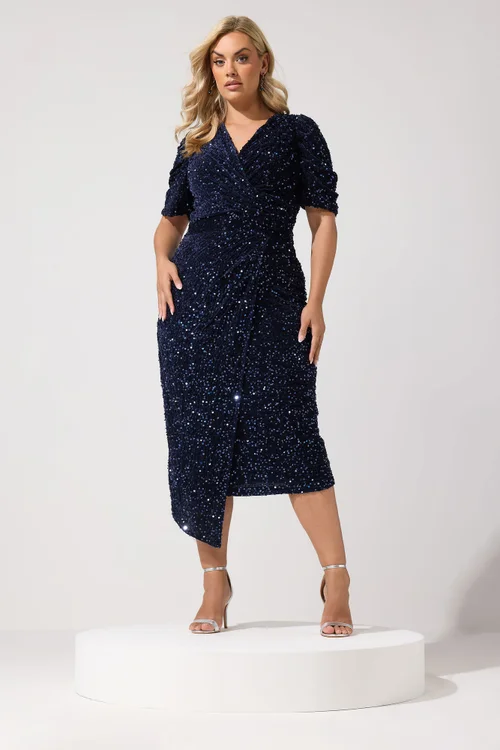 Yours London Curve Blue Sequin Velvet Wrap Maxi Dress - 22 Image 1