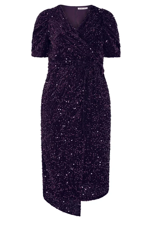 Yours London Curve Purple Sequin Velvet Wrap Maxi Dress - 16 Image 5