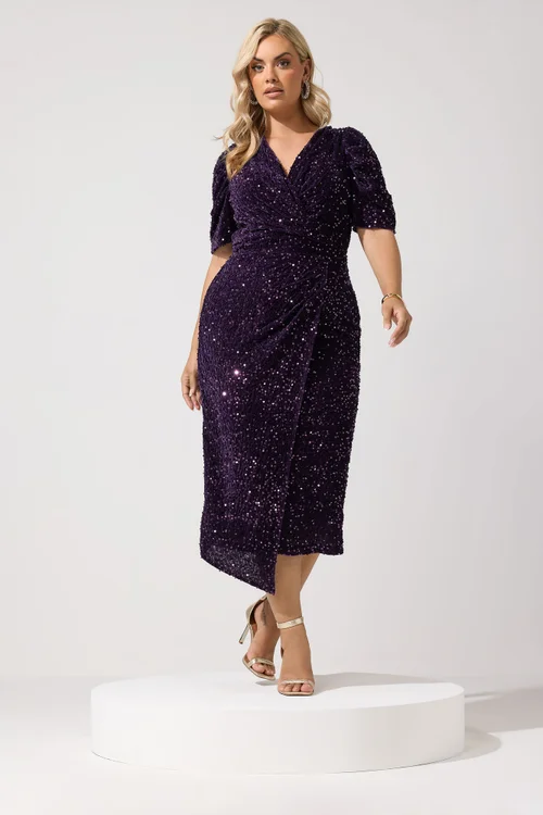 Yours London Curve Purple Sequin Velvet Wrap Maxi Dress - 16 Image 1