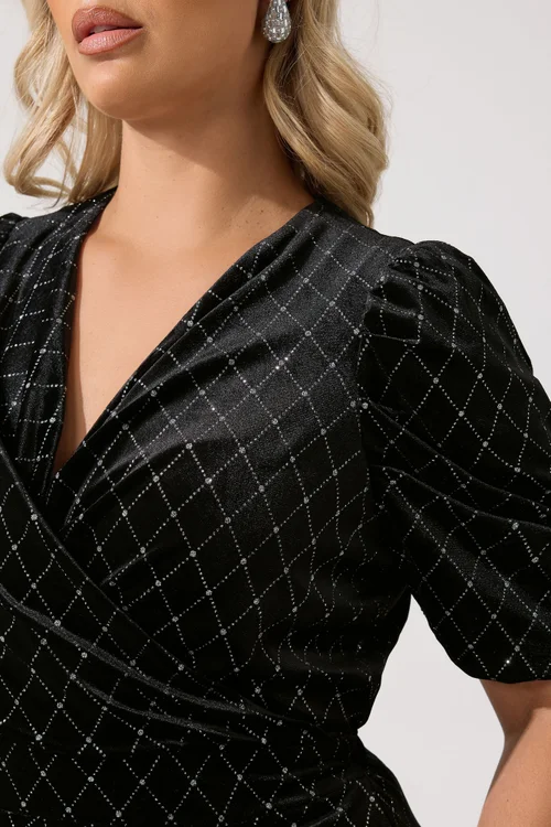 Yours London Curve Black Velvet Glitter Wrap Dress - 20 Image 4