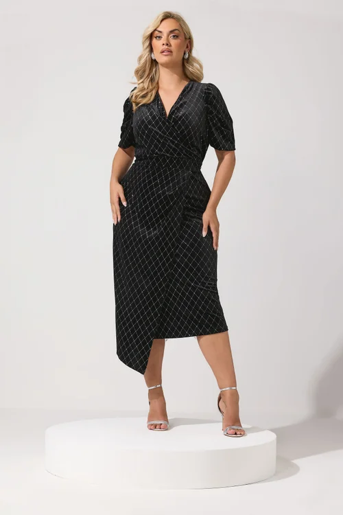 Yours London Curve Black Velvet Glitter Wrap Dress - 20 Image 1