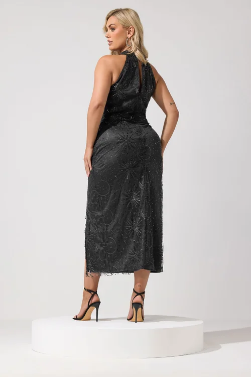 Yours London Curve Black Celestial Sequin Choker Dress - 22 Image 3