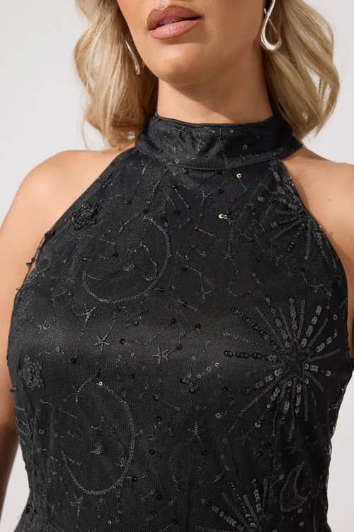 Yours London Curve Black Celestial Sequin Choker Dress - 22 Image 4