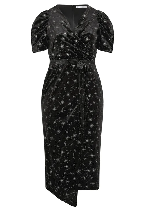 Yours London Curve Black Star Glitter Velvet Wrap Maxi Dress - 14 Image 5