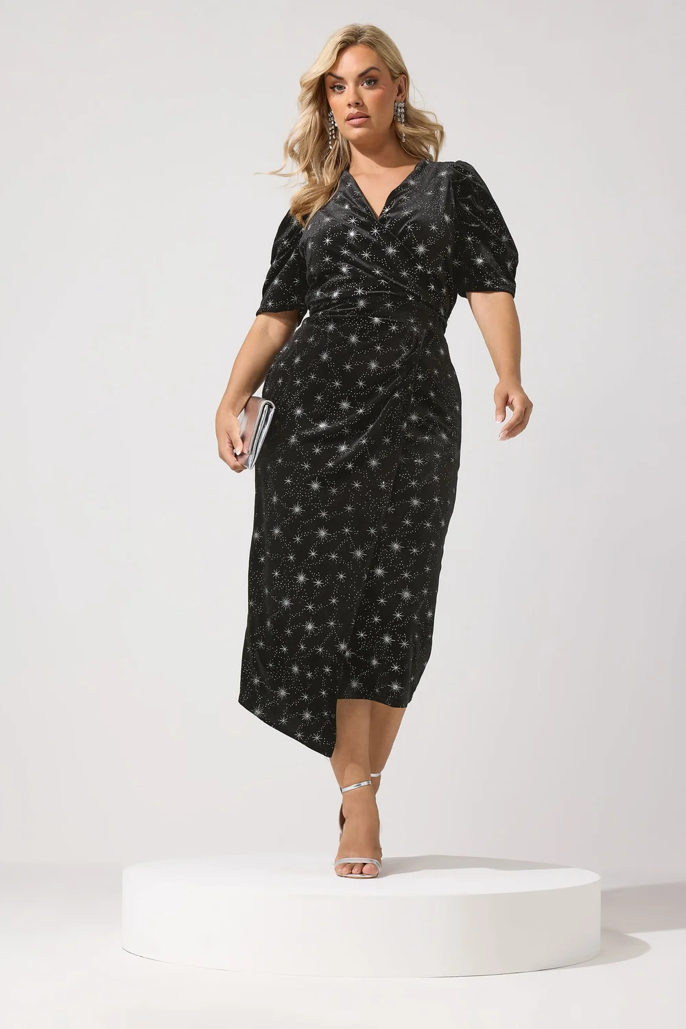 Yours London Curve Black Star Glitter Velvet Wrap Maxi Dress - 14 Image 2