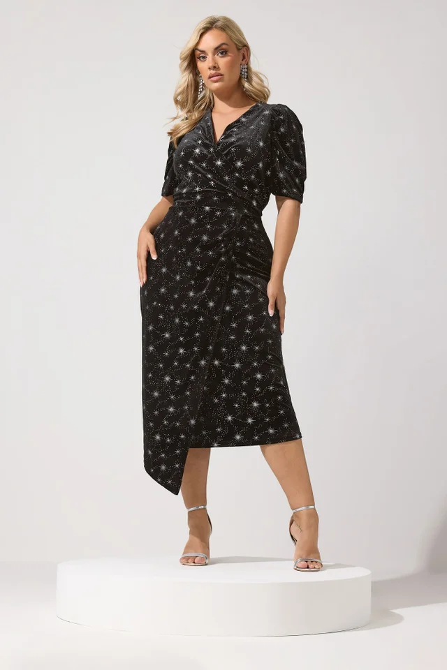 Yours London Curve Black Star Glitter Velvet Wrap Maxi Dress