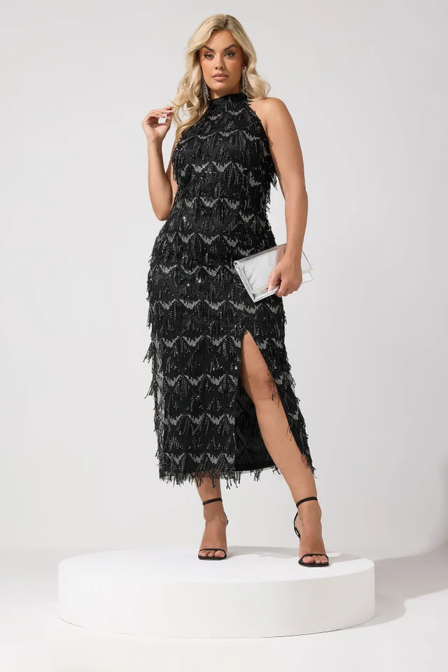 Yours London Curve Black & Silver Tassle Sequin Choker Dress