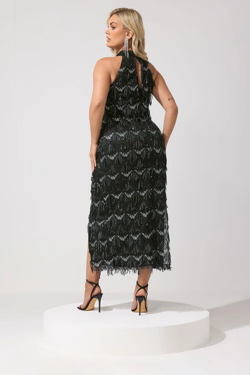 Yours London Curve Black & Silver Tassle Sequin Choker Dress - 18 Image 4