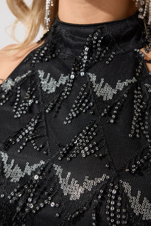 Yours London Curve Black & Silver Tassle Sequin Choker Dress - 18 Image 5