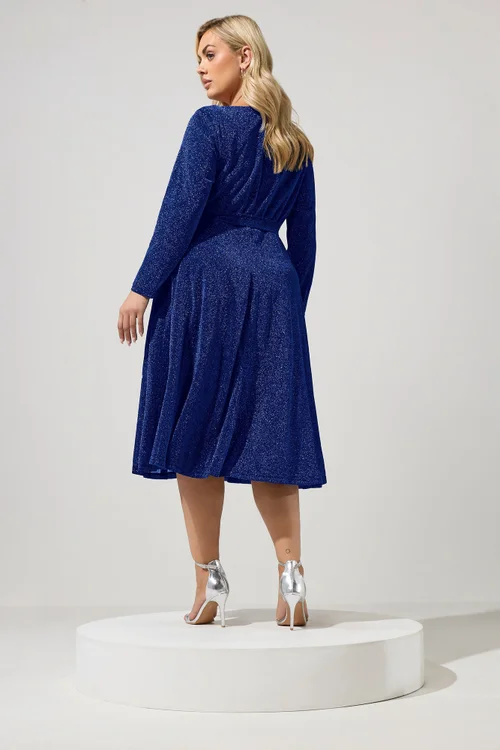 Yours London Curve Cobalt Blue Metallic Wrap Dress - 24 Image 3