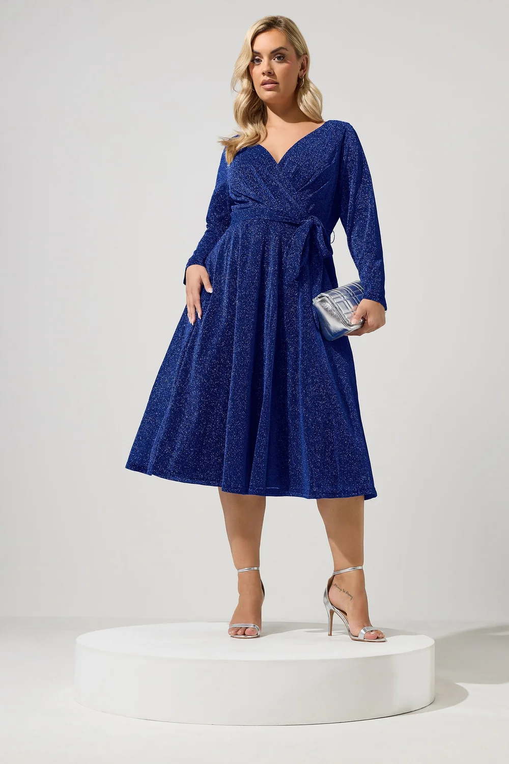 Yours London Curve Cobalt Blue Metallic Wrap Dress - 24 Image 2