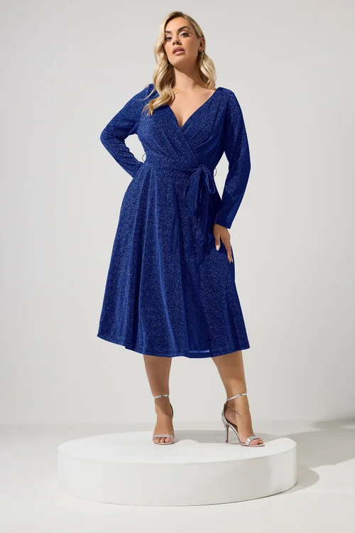 Yours London Curve Cobalt Blue Metallic Wrap Dress - 24 Image 1