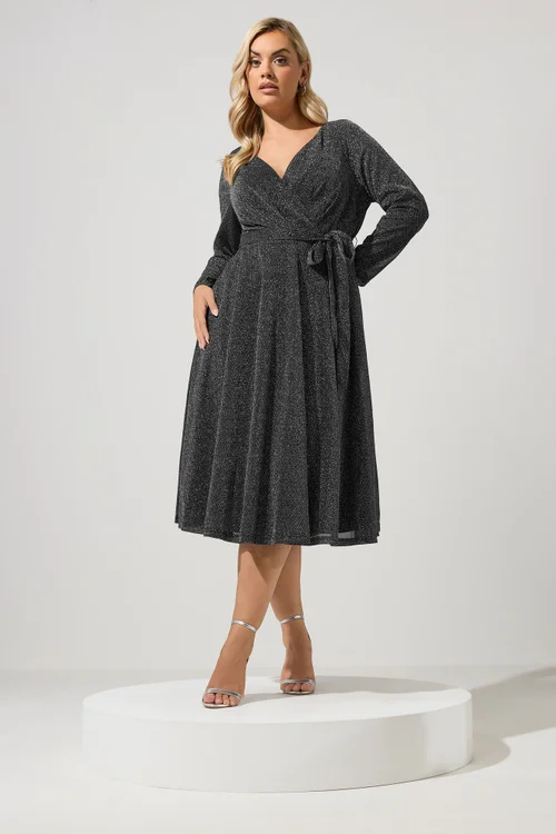 Yours London Curve Silver Metallic Wrap Dress - 18 Image 1