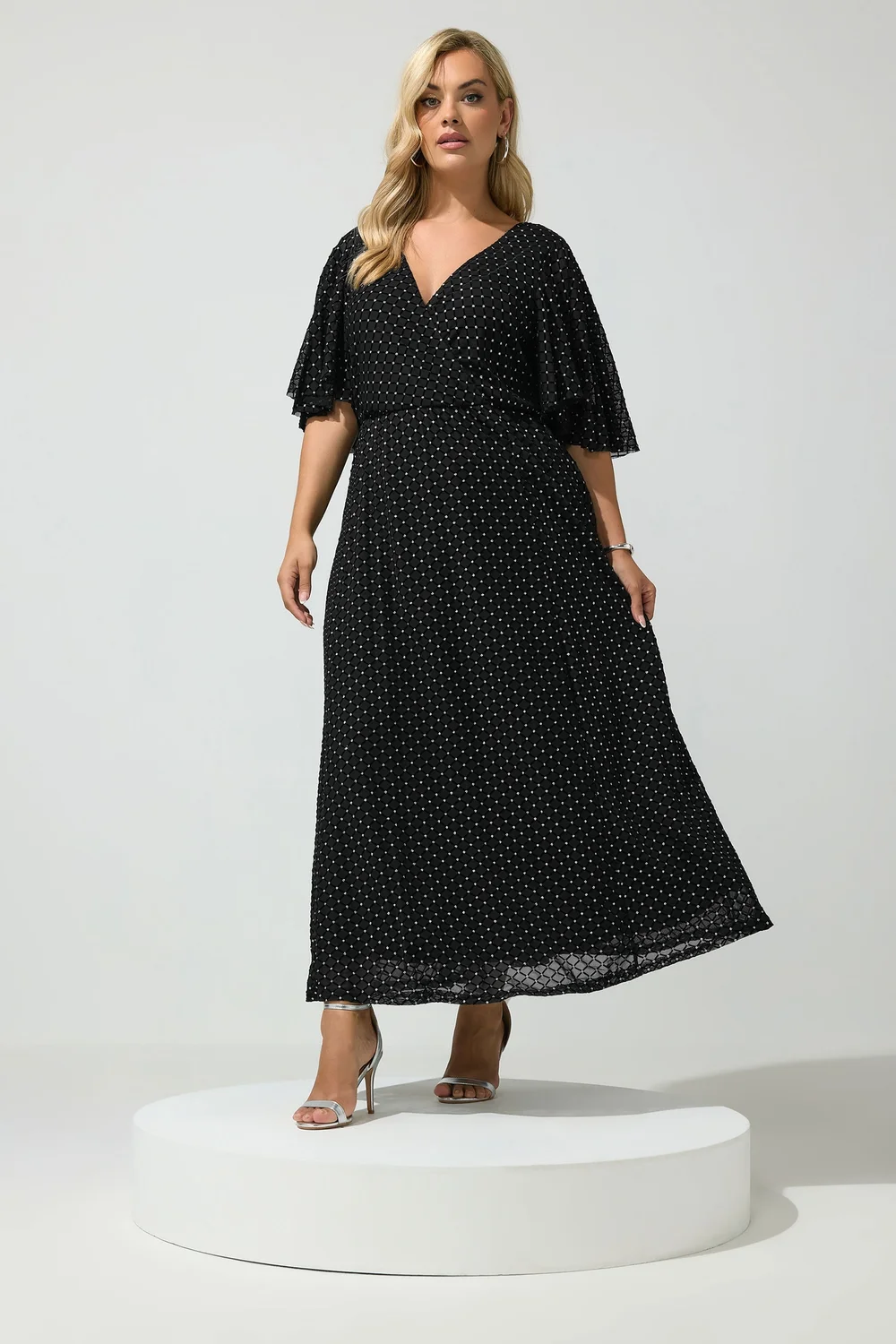 Yours London Curve Black Glitter Wrap Mesh Dress - 22 Image 2