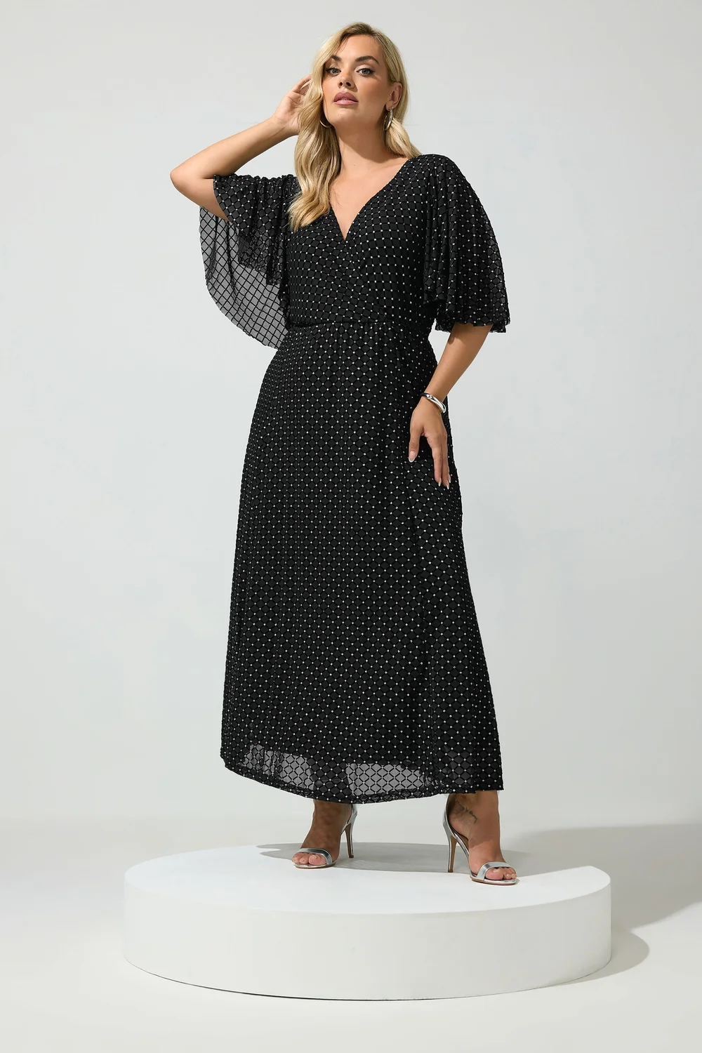 Yours London Curve Black Glitter Wrap Mesh Dress - 22 Image 1