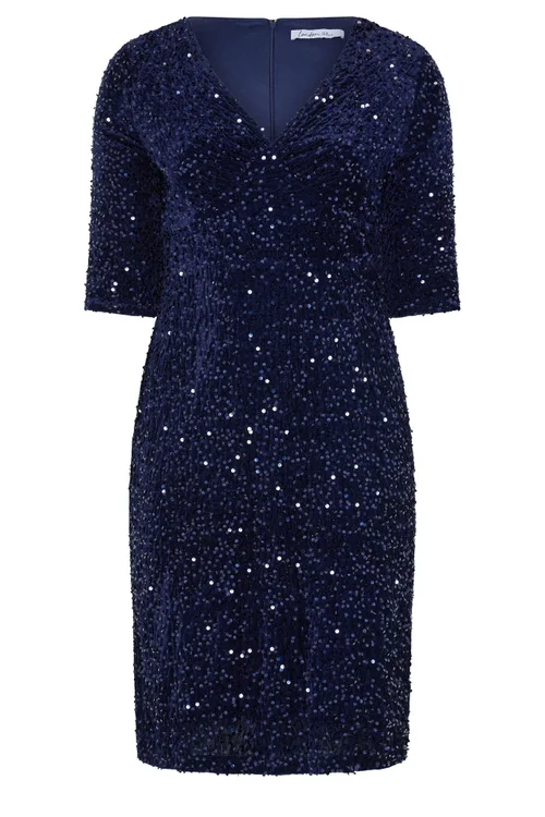 Yours London Curve Navy Blue Sequin Velvet Dress - 14 Image 5