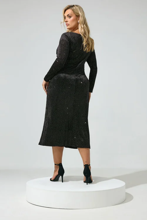 Yours London Curve Black Velvet Studded Gathered Dress - 20 Image 3