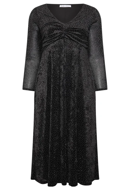 Yours London Curve Black Velvet Studded Gathered Dress - 20 Image 5