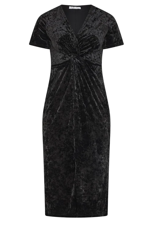 Yours London Curve Black Crushed Velvet Knot Dress - 14 Image 5