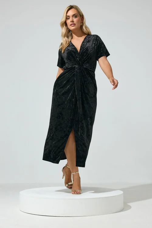 Yours London Curve Black Crushed Velvet Knot Dress - 14 Image 1