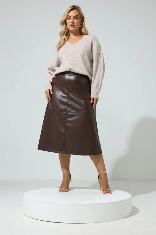 Yours London Curve Chocolate Brown Faux Leather Skirt - 10 Image 2