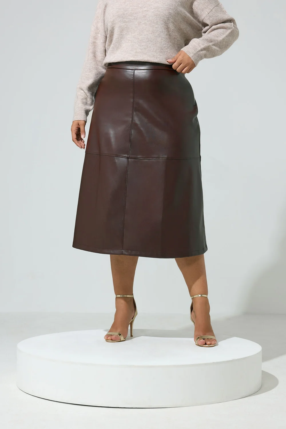 Yours London Curve Chocolate Brown Faux Leather Skirt - 10 Image 1