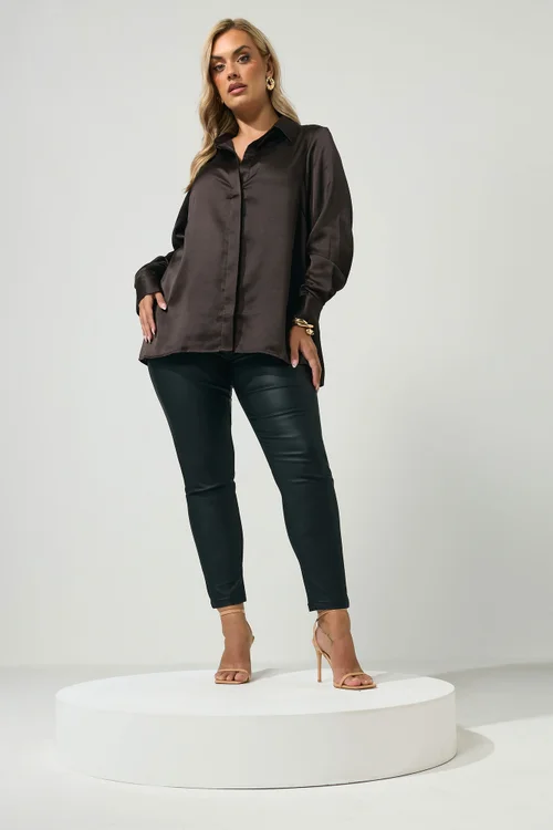 Yours London Curve Chocolate Brown Satin Shirt - 22 Image 3