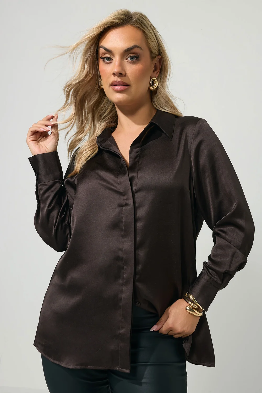Yours London Curve Chocolate Brown Satin Shirt - 22 Image 1