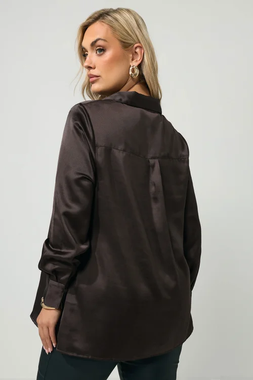 Yours London Curve Chocolate Brown Satin Shirt - 22 Image 4