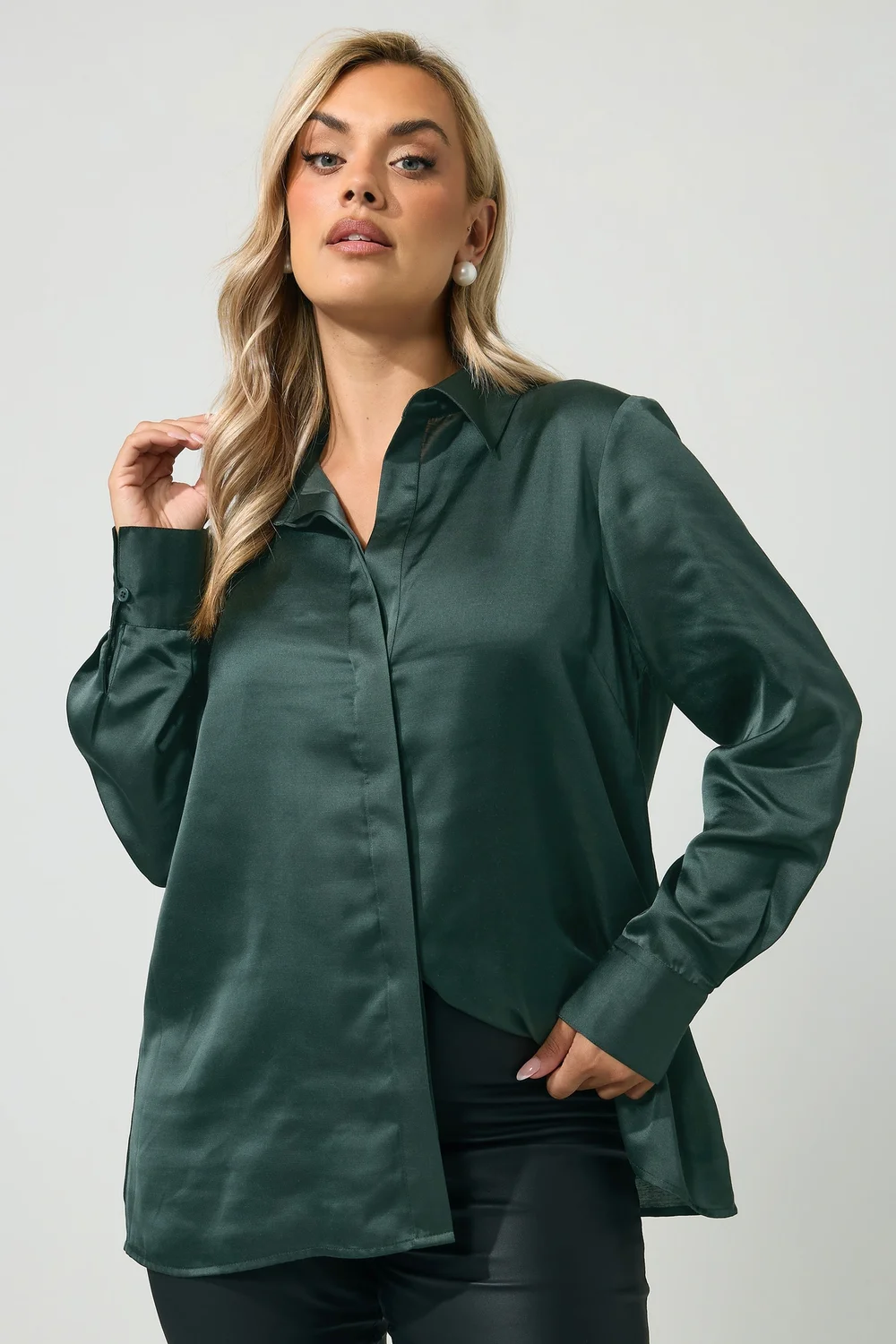 Yours London Curve Green Satin Open Collar Shirt - 24 Image 1
