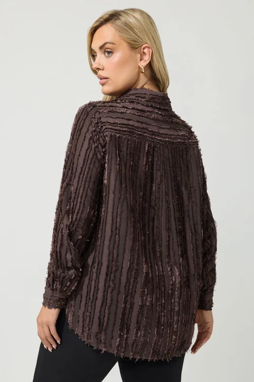 Yours London Curve Chocolate Brown Textured Stripe Shirt - 24 Image 4