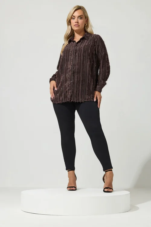 Yours London Curve Chocolate Brown Textured Stripe Shirt - 24 Image 3
