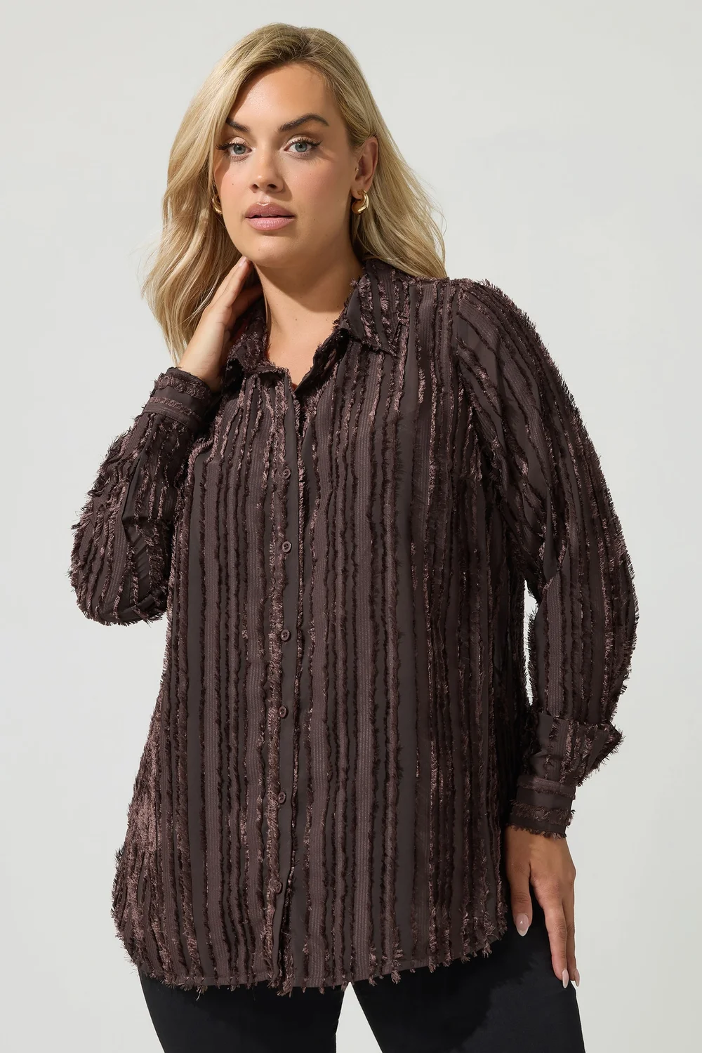 Yours London Curve Chocolate Brown Textured Stripe Shirt - 24 Image 1