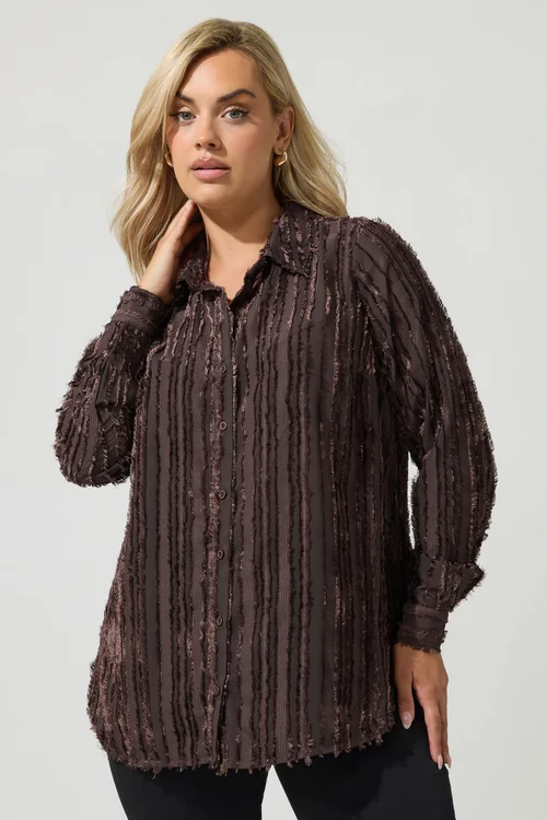 Yours London Curve Chocolate Brown Textured Stripe Shirt - 24 Image 1