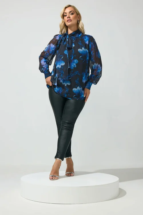 Yours London Curve Blue Blurred Floral Bow Blouse - 18 Image 2