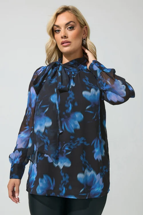 Yours London Curve Blue Blurred Floral Bow Blouse - 18 Image 1