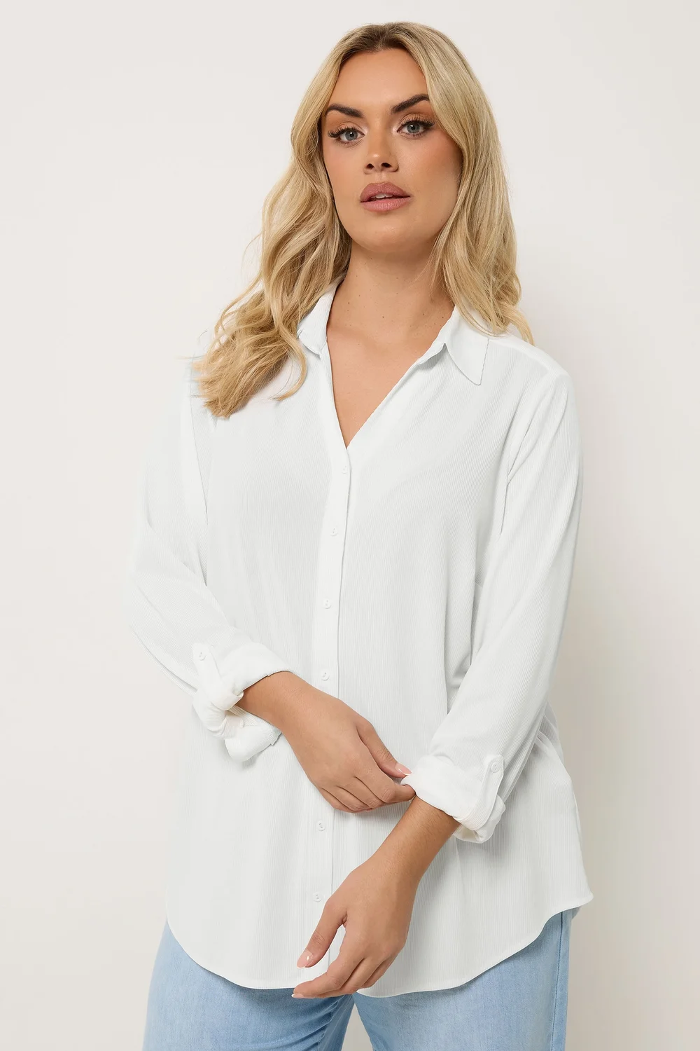 Yours Curve Ivory White Ribbed Shirt - 30-32 Image 1