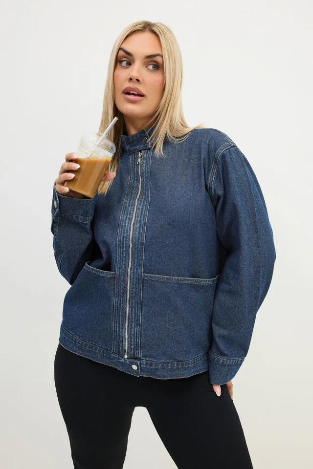 Yours Limited Curve Indigo Blue Funnel Neck Denim Jacket