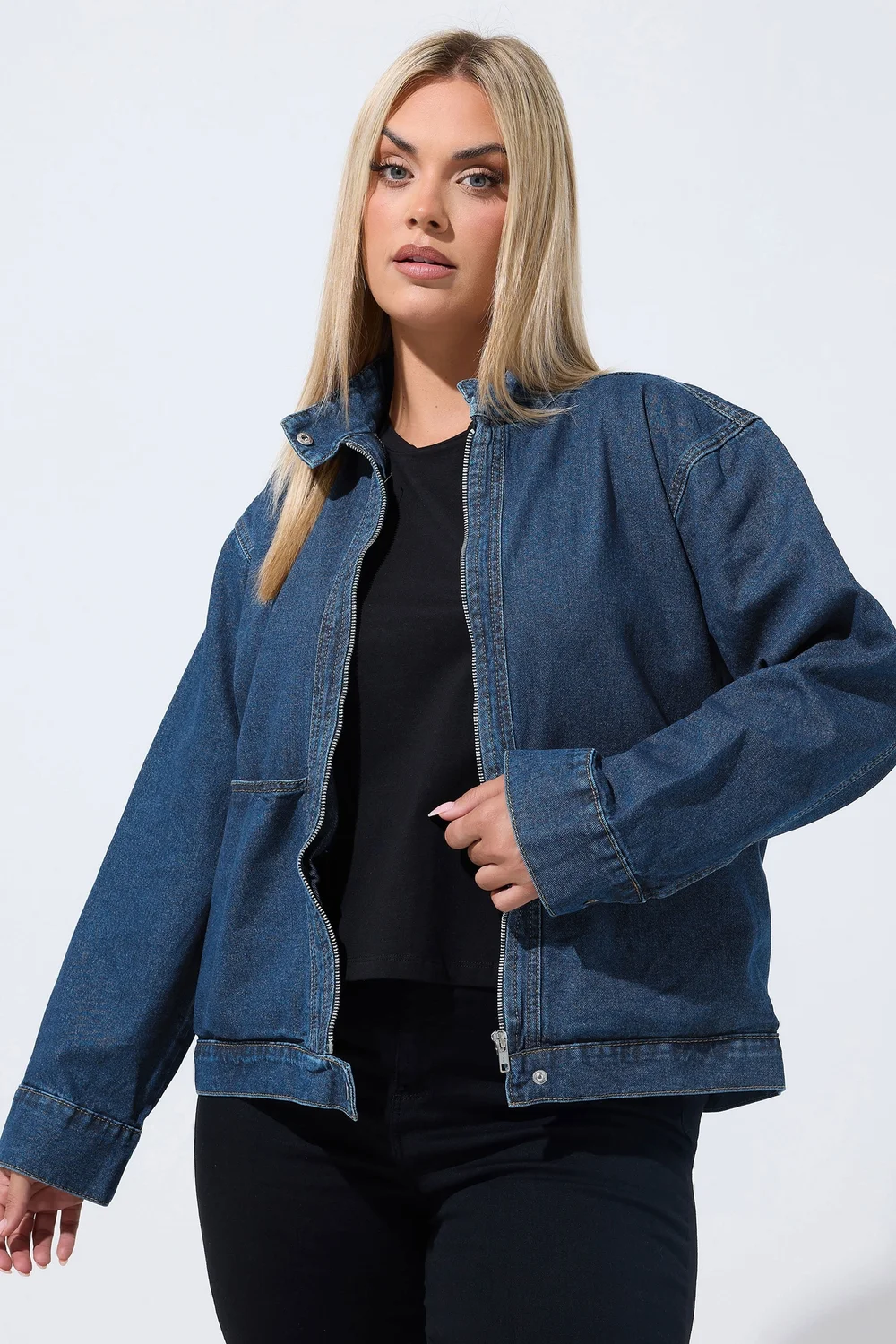 Yours Limited Curve Indigo Blue Funnel Neck Denim Jacket - 26-28 Image 1