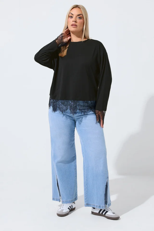 Yours Limited Curve Black Long Sleeve Lace Hem Top