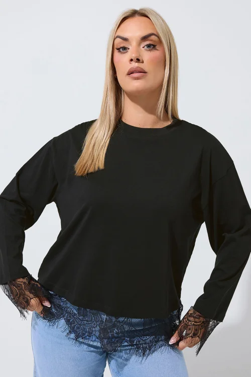 Yours Limited Curve Black Long Sleeve Lace Hem Top - 18 Image 1