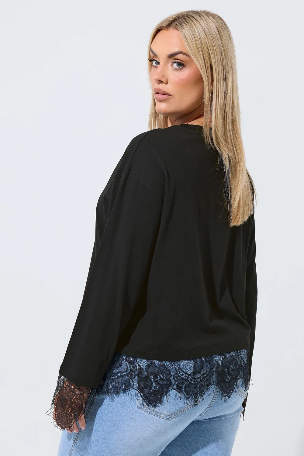 Yours Limited Curve Black Long Sleeve Lace Hem Top - 18 Image 3