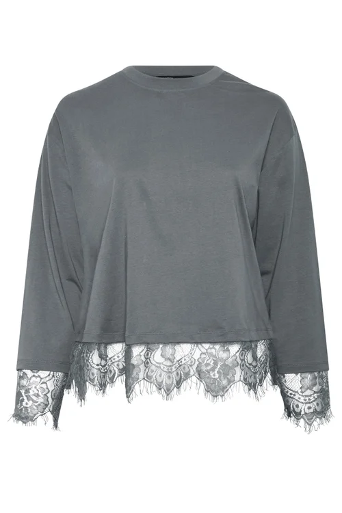 Yours Limited Curve Grey Lace Hem Long Sleeve Top - 10 Image 5