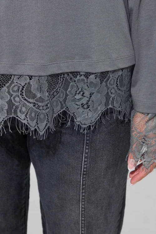 Yours Limited Curve Grey Lace Hem Long Sleeve Top - 10 Image 4
