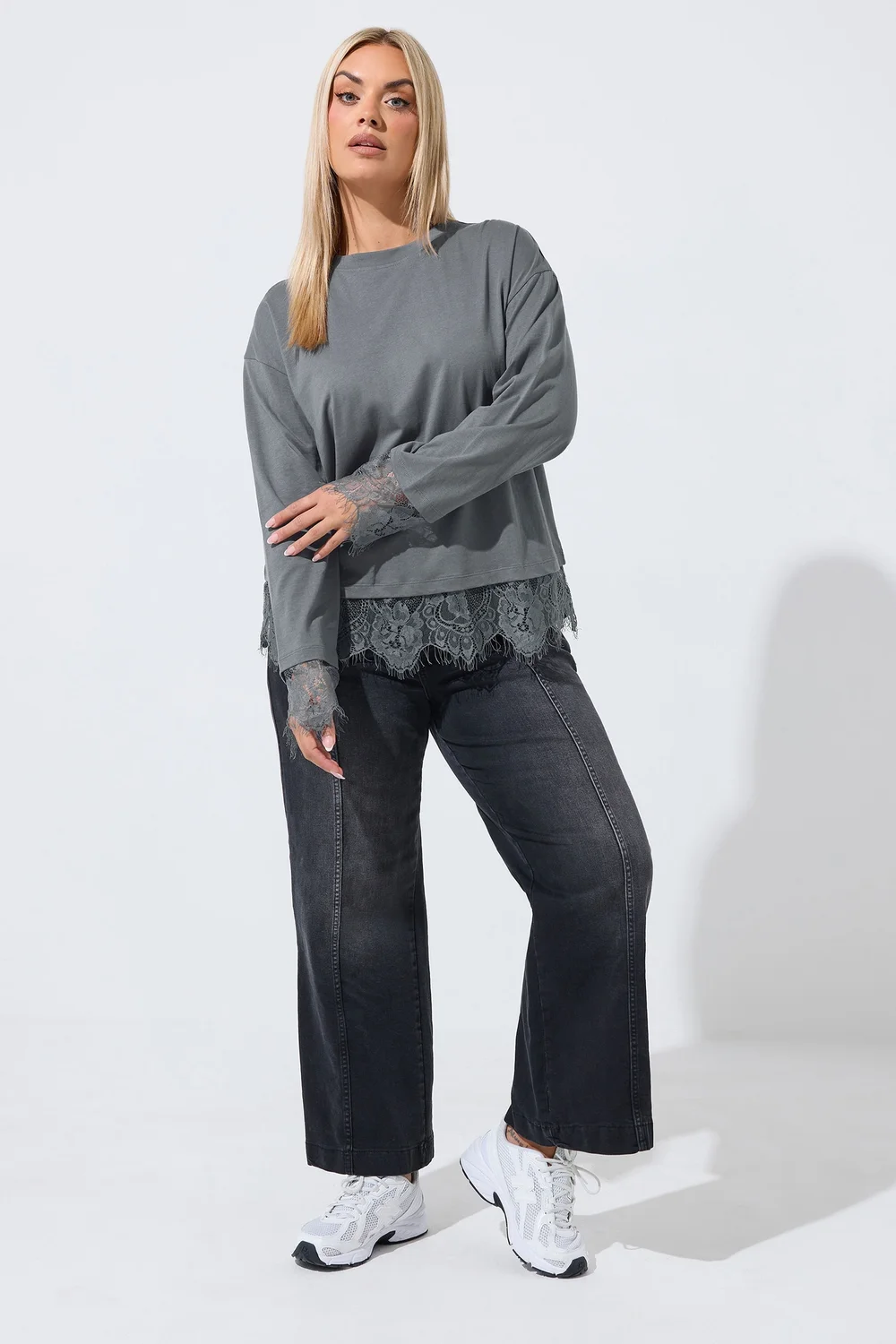 Yours Limited Curve Grey Lace Hem Long Sleeve Top - 10 Image 2