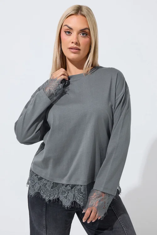 Yours Limited Curve Grey Lace Hem Long Sleeve Top - 10 Image 1