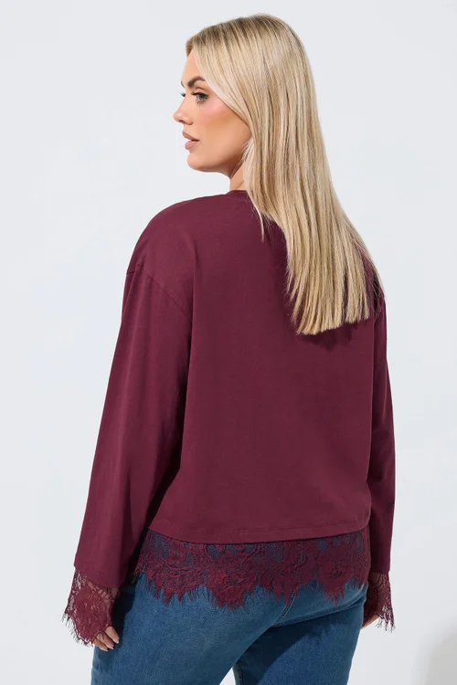 Yours Limited Curve Burgundy Red Lace Hem Long Sleeve Top - 16 Image 3