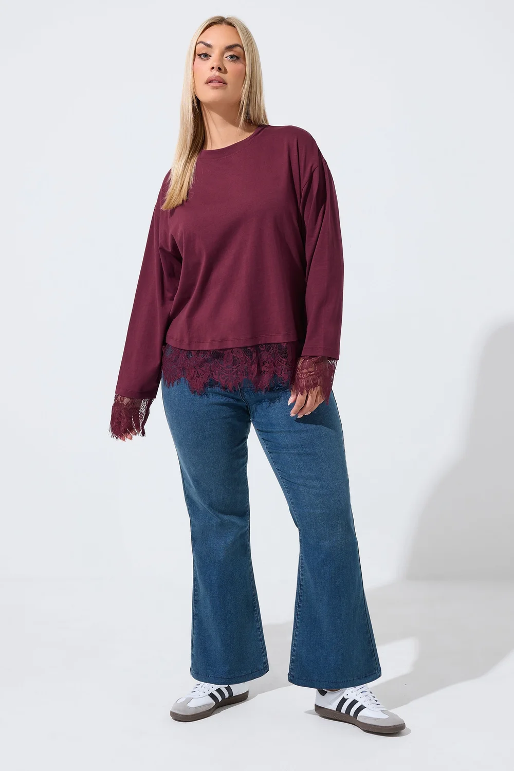Yours Limited Curve Burgundy Red Lace Hem Long Sleeve Top - 16 Image 2